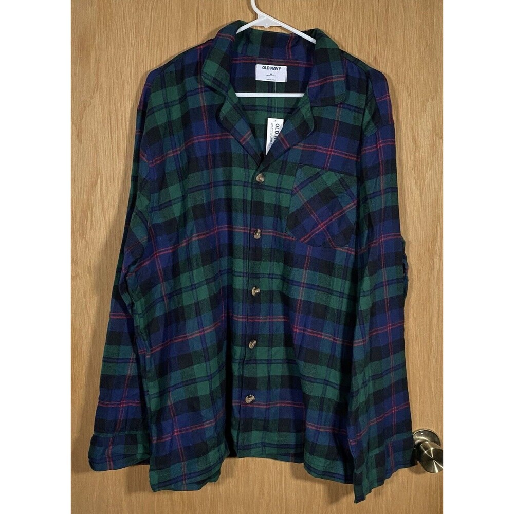 Old Navy 2 Piece Flannel Plaid Pajama Set Green Red Blue Pockets Men's Sz XL